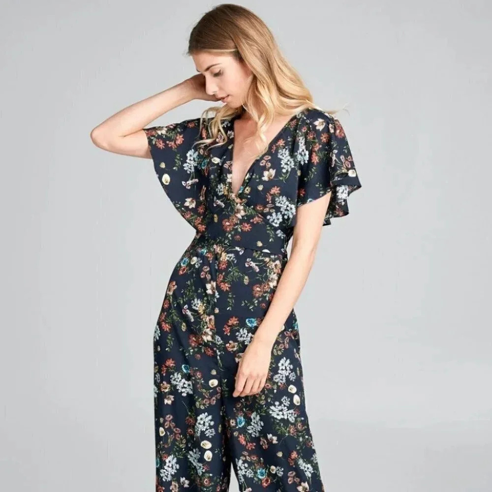 Flutter Sleeve Navy Floral Deep V-Neck Romper - Picture 1 of 9